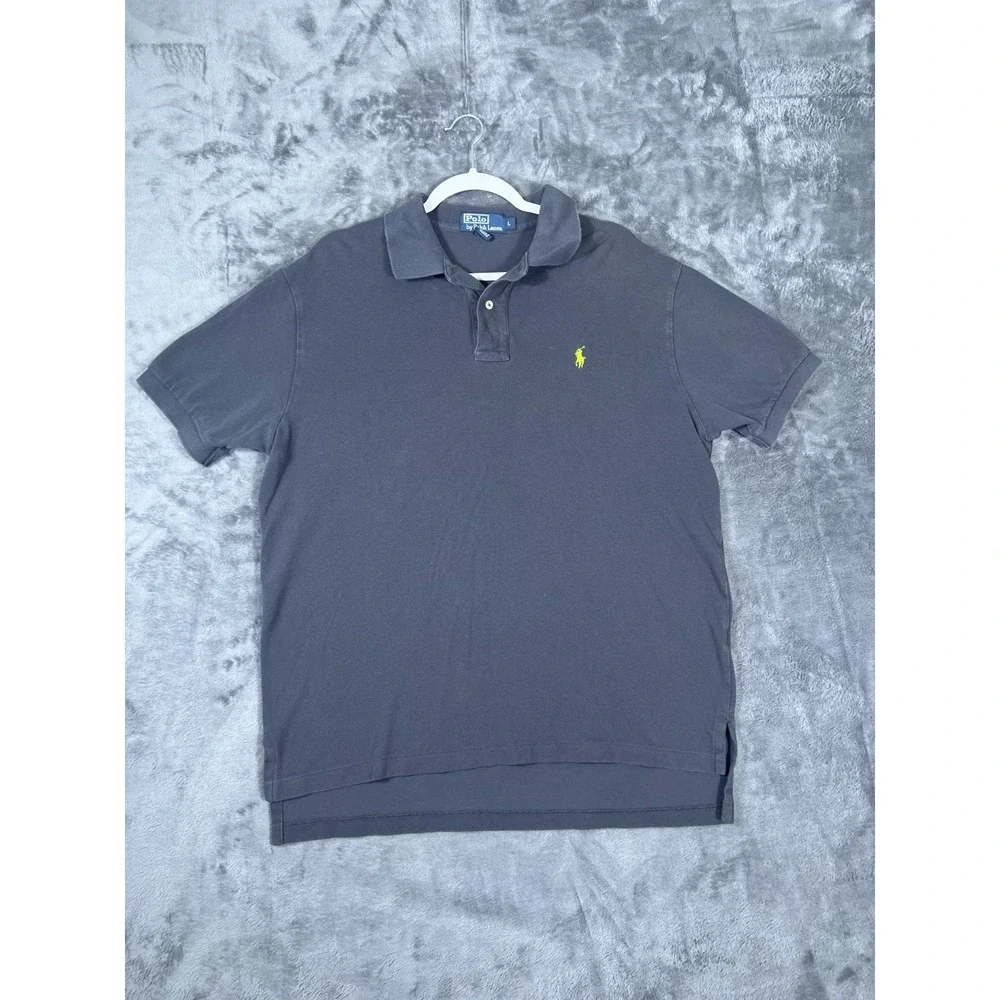 Polo Ralph Lauren Mens Large Grey Neon Yellow Pony Short Sleeve Pique Polo Shirt